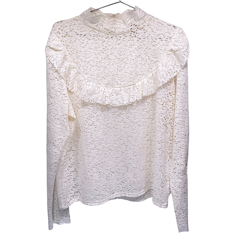 Y2K 90s Ivory Lace Mock Neck Ruffle Top Victorian Boho Vintage Arizona Jeans XXL